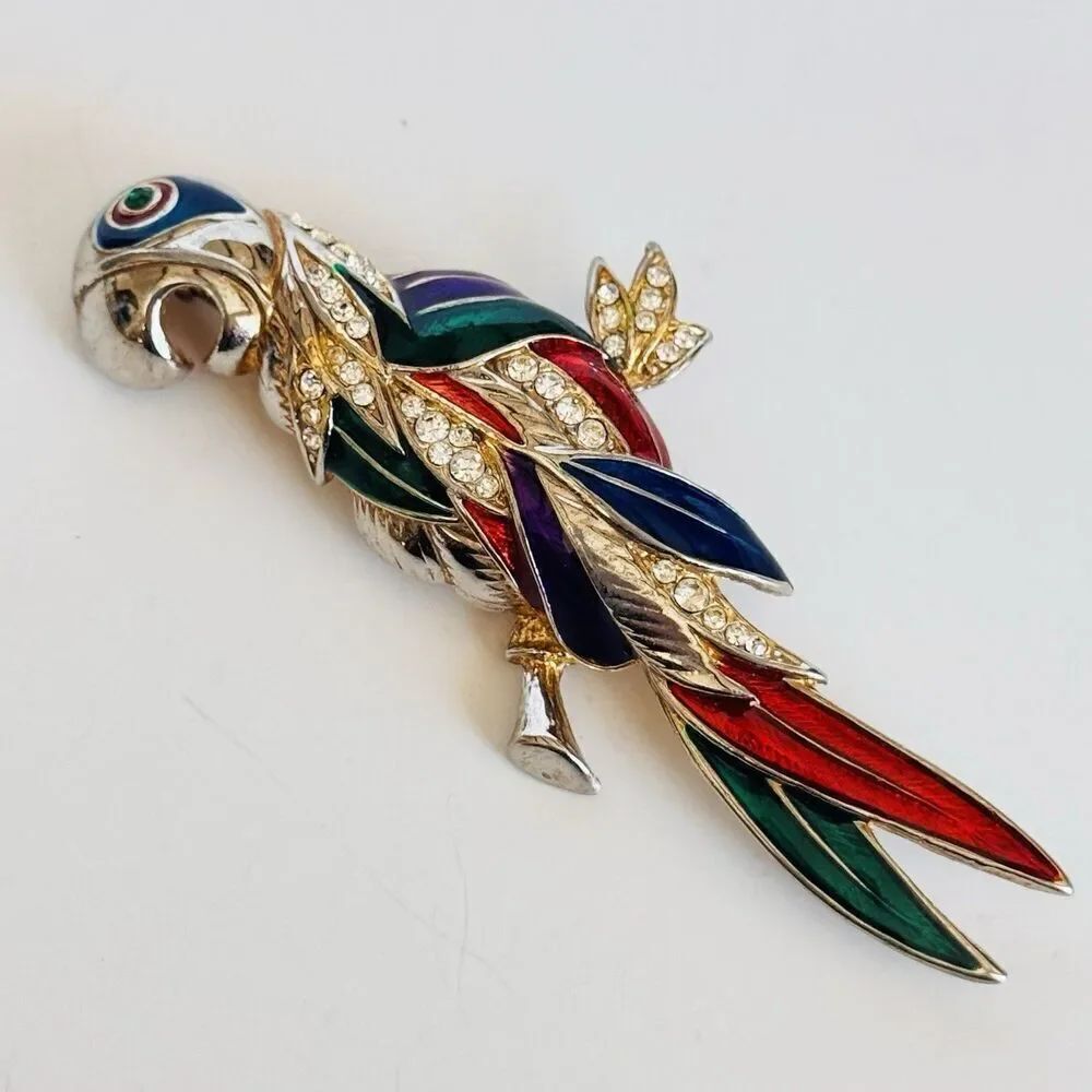 Vintage HUGE 4.25" Enamel Parrot Bird Multi Color Brooch Pin Enameled